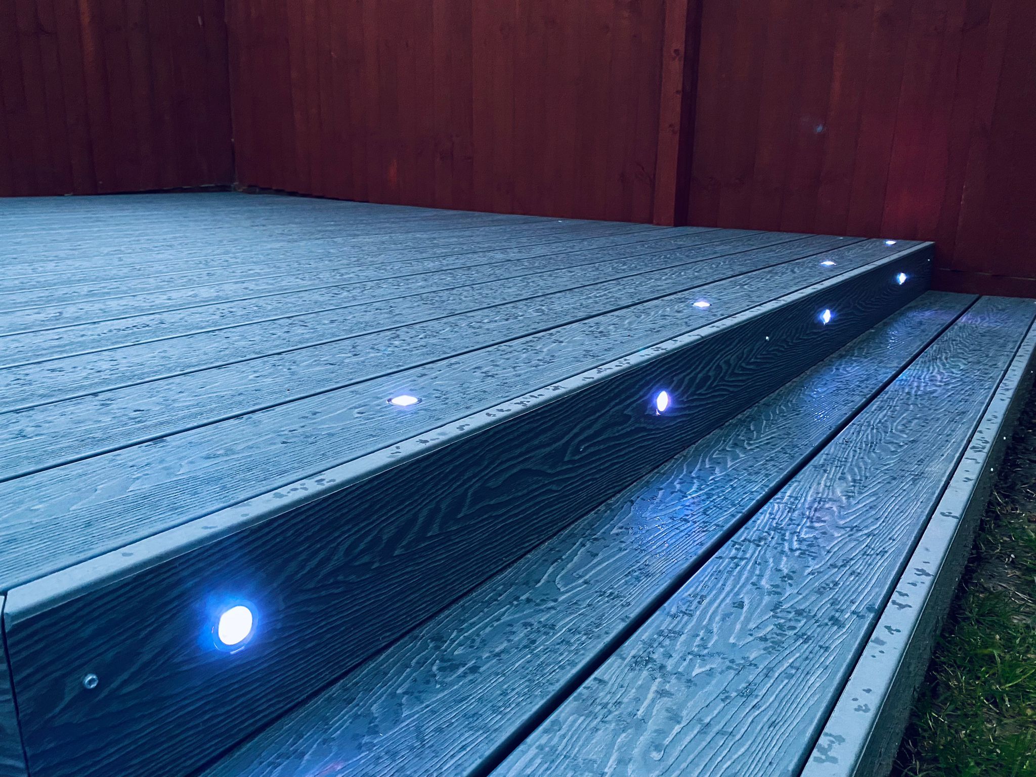 Grey composite decking norwich with Led lights fitted into the decking